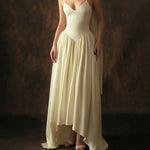 Cream Satin V-Neck Fitted Bodice Full A-Line Gown with Sheer Scarf