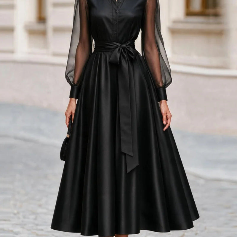 Sheer-Mesh-Sleeve Shirt-Collar V-Neck Self-Tie Bow-Belt Voluminous A-Line Midi Dress — Black, S–2XL 