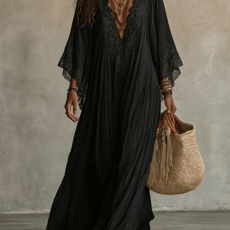 Lace-Trim V-Neck Flared-Sleeve Boho Maxi Dress - black