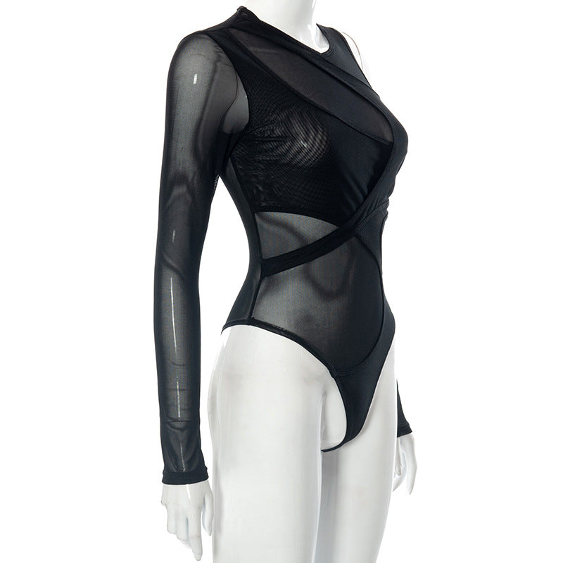 Mesh Perspective Tight Long Sleeve Bodysuit - runwayfashionista.com