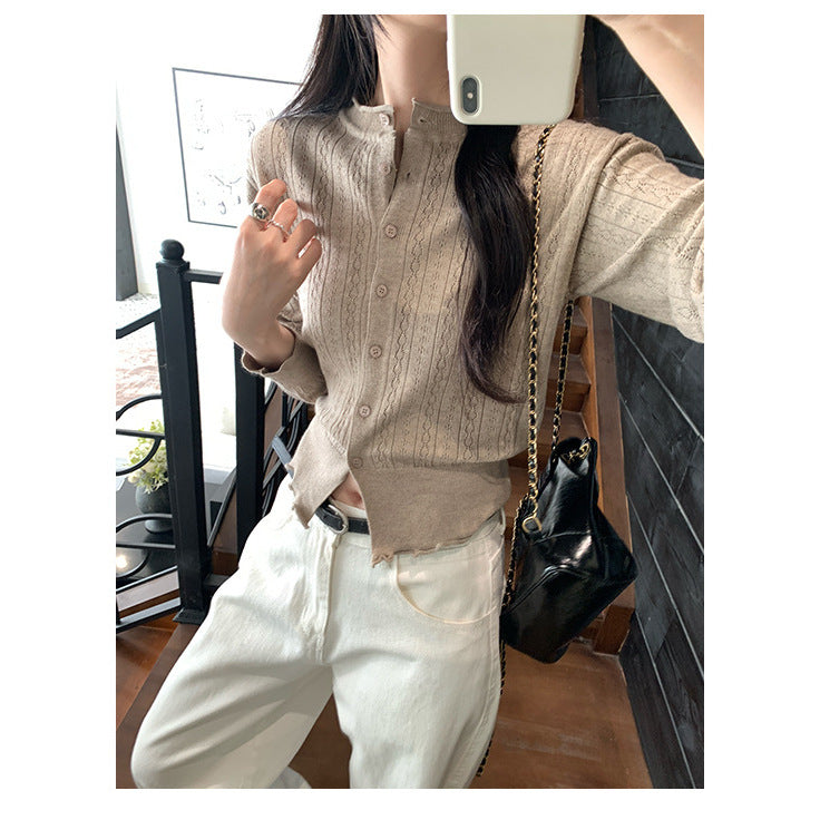 Preppy Style Hollow Out Pattern Round Neck Knit Cardigan: The Seasonal Soft Layer - oatmeal