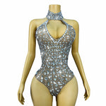 Silver Full-Crystal Rhinestone All-Over Embellished Halter Mock-Neck Keyhole High-Cut Backless Bodysuit