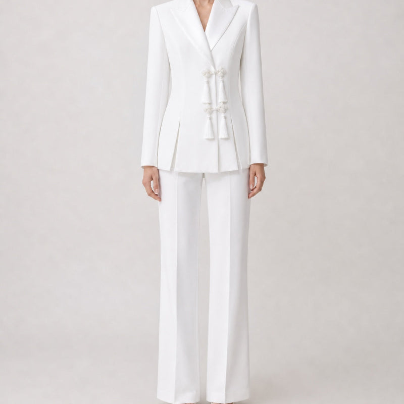 Knot Detail Blazer and Trouser Suit - white