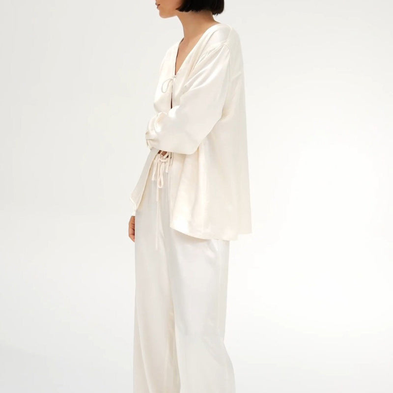Cream Satin Tie-Front Top And Wide-Leg Pants Set
