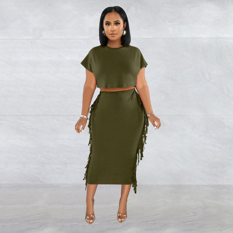 Round Neck Short Sleeve Long Dress Two-Piece Set - Dark Green