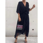 Batwing Sleeve V-neck Midi Dress -black