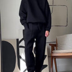 Casual Round Neck Long Sleeve Sweatshirt & Elastic Waist Pants Set - black