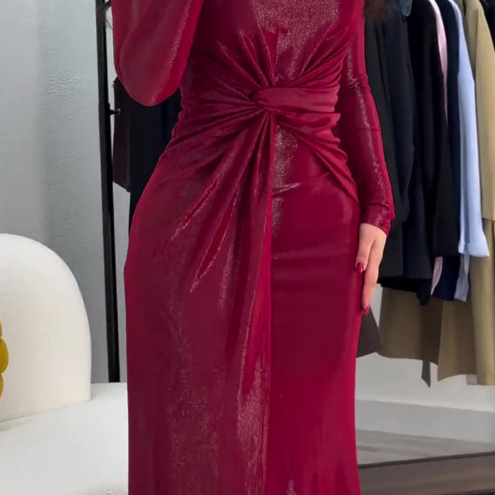 Metallic Maxi Dress With Twist Front Detail And Long Sleeves