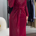 Metallic Maxi Dress With Twist Front Detail And Long Sleeves