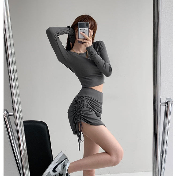 High-Waist Side-Drawstring Ruched Bodycon Mini Skirt — Black, Grey, Khaki & White