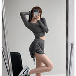 High-Waist Side-Drawstring Ruched Bodycon Mini Skirt — Black, Grey, Khaki & White