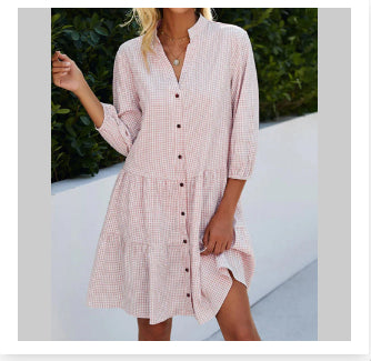 V Neck Button Three-quarter Sleeves Dresses - Pink