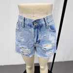 Broken hole slim fit tassel denim shorts