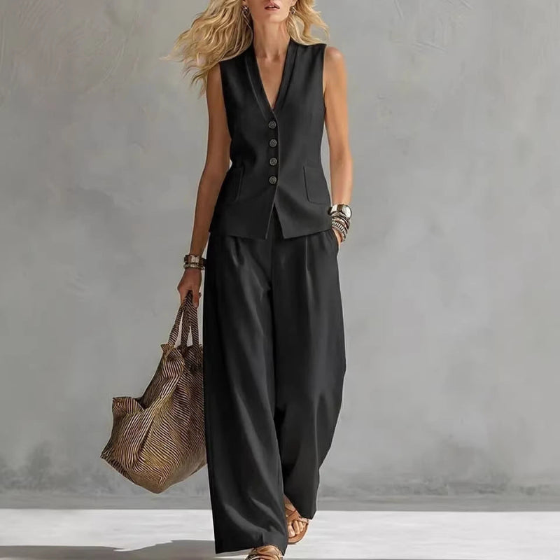 Two-piece V-Neck Sleeveless Vest And Wide Leg Pants - black