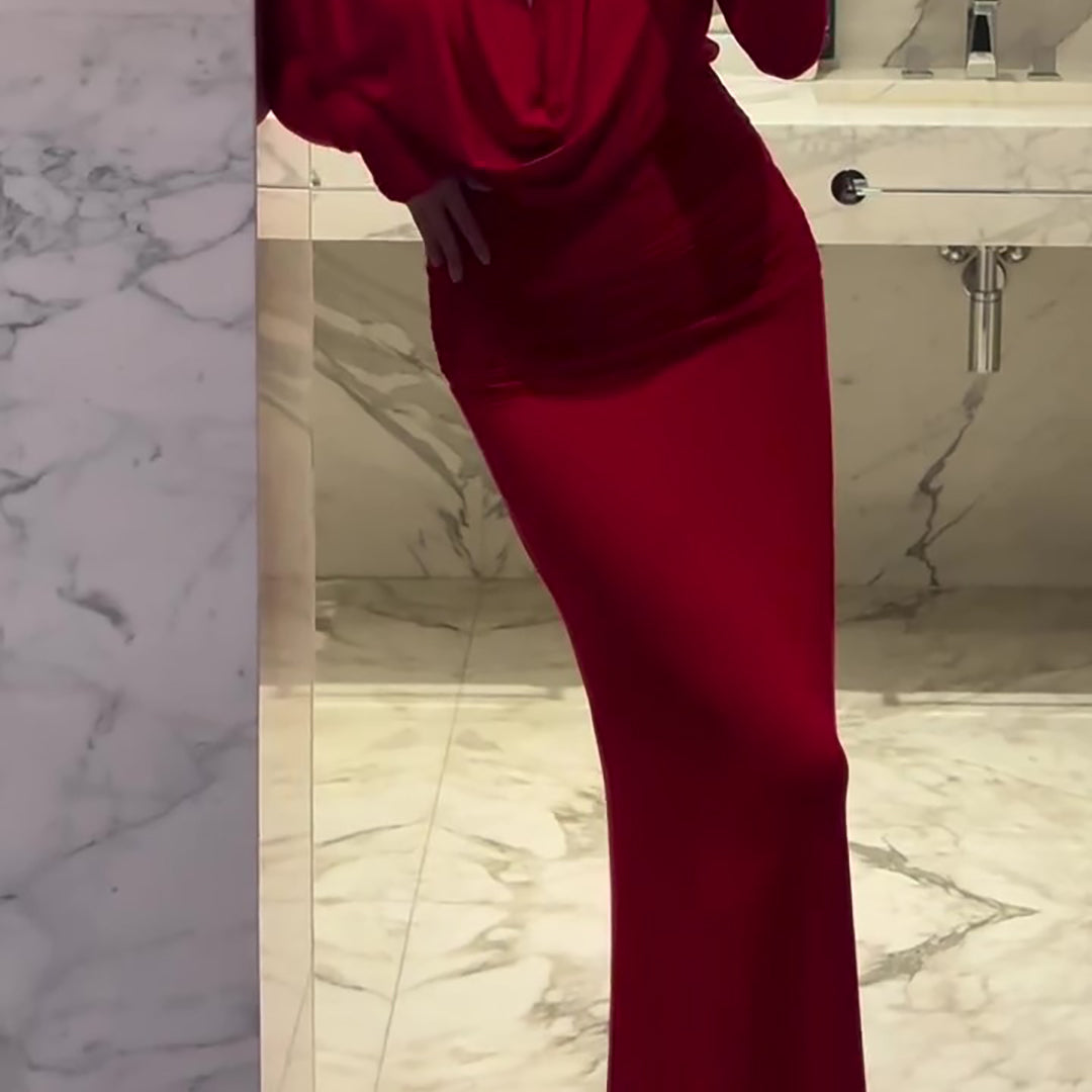 Red Swing Neck Long Sleeve Slim Maxi Dress
