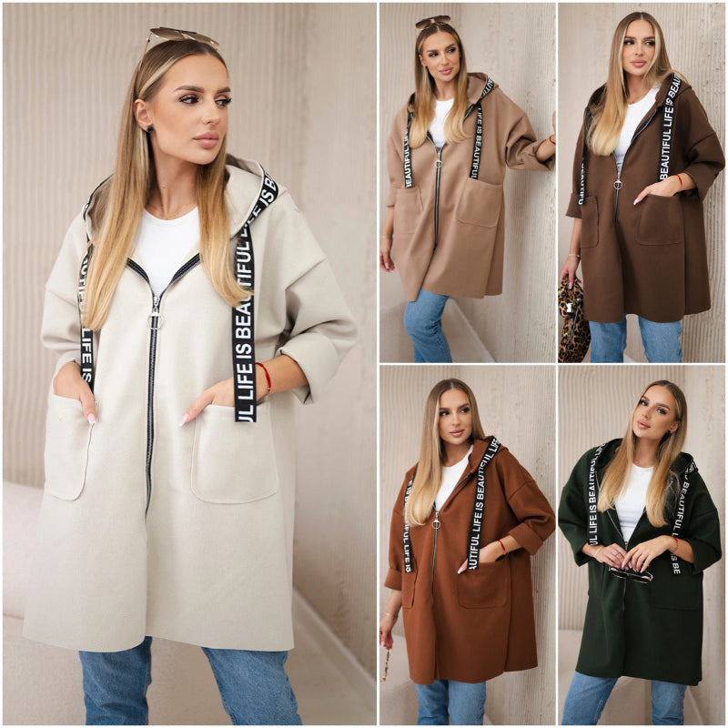 Large Size Long Sleeve Zipper Woolen Coat