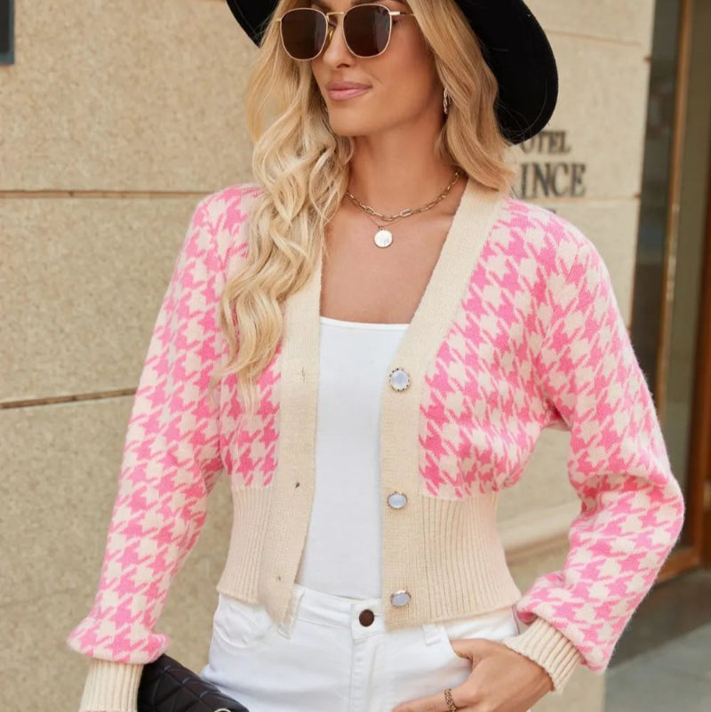 Houndstooth Button Up Long Sleeve Cardigan - runwayfashionista.com