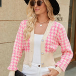 Houndstooth Button Up Long Sleeve Cardigan - runwayfashionista.com
