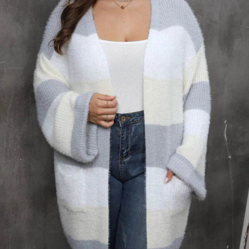 Model wearing a cozy imitation mink fur plus size cardigan