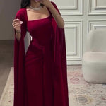 Elegant Burgundy Square - Neck CapeMaxi Dress