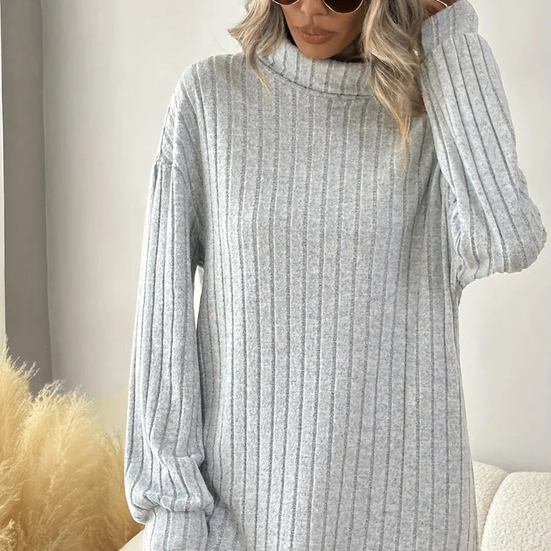 Turtleneck Dropped Shoulder Long Sleeve Mini Dress - runwayfashionista.com