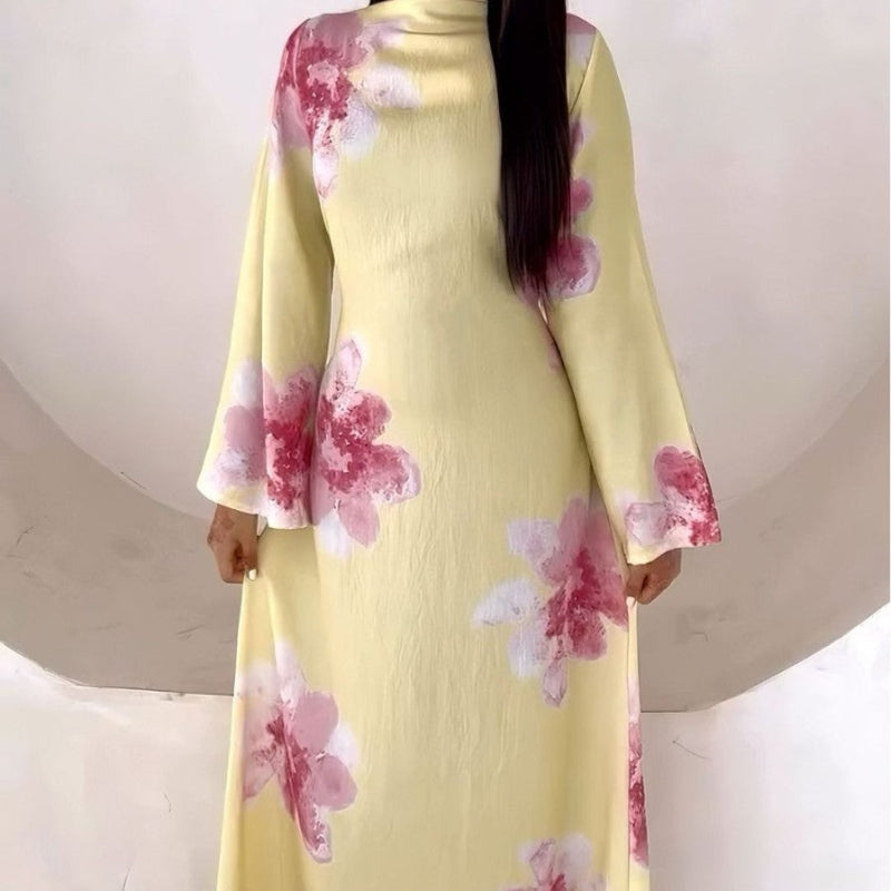 Waist-Cinched Ankle-Length Printed Midi Dress