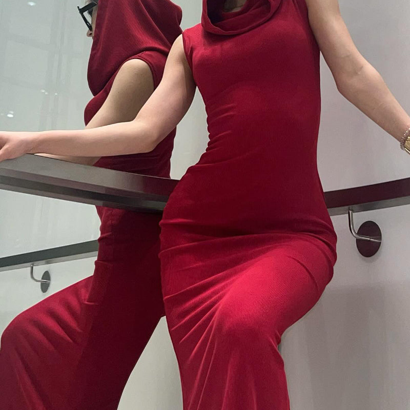 Chic Red Hooded Sleeveless Maxi Dress