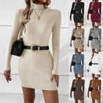 Ribbed Mock-Neck Long-Sleeve Body-Con Mini Dress