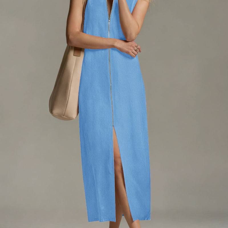 Sleeveless Stand Collar Zip Front Maxi Dress - blue