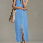 Sleeveless Stand Collar Zip Front Maxi Dress - blue