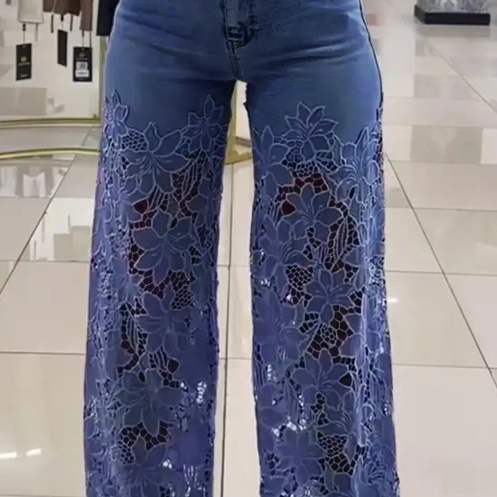 Y2K Lace Flowers Hollow Jeans - blue