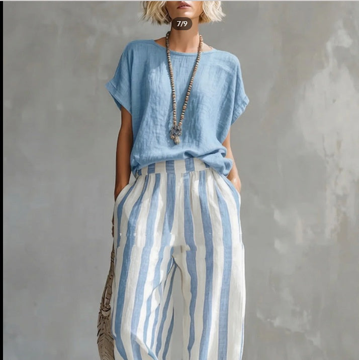 Round Neck Pullover T-Shirt And Striped Print Straight Leg Pants - blue