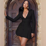 Black or white deep V-neck, long-sleeve short dress made of polyester, featuring a solid color, wrinkle pressing process, cardigan style, high waist, and hood cover front placket, available in sizes S, M, L.