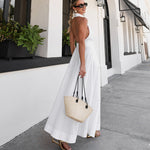 White Cotton Sleeveless Halter Maxi Dress