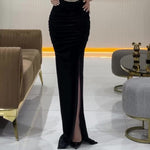 Elegant Velvet Paneled Sequin Slit Evening Maxi Dress