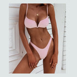 Ribbed V-Wire Spaghetti-Strap Push-Up Top & Thong Bikini Set - pink