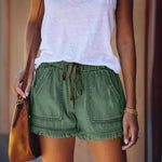 Elastic Waist Fringe Denim Shorts