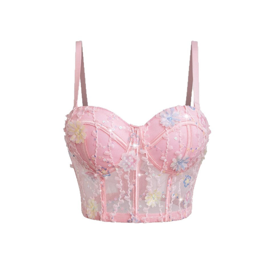 Bra Set Ultra-thin Mesh Fishbone Steel Ring Gathered Embroidered Underwear