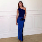 Slanted Shoulder Pleated Patchwork Satin Maxi Skirts