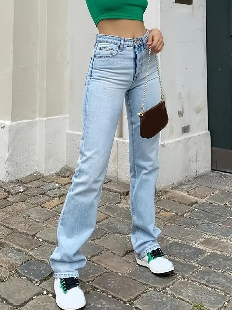 High waisted slim fit straight leg denim jeans - runwayfashionista.com