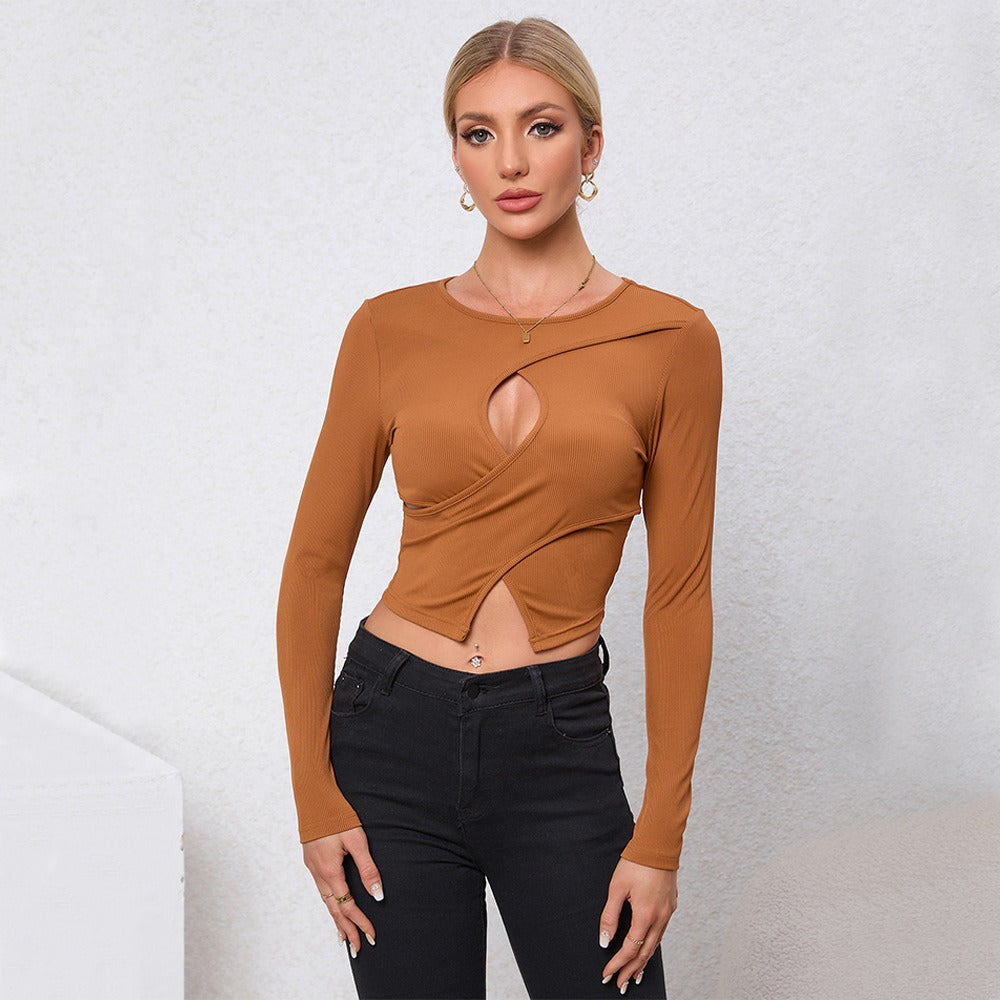 Round neck long sleeved hollow top - runwayfashionista.com