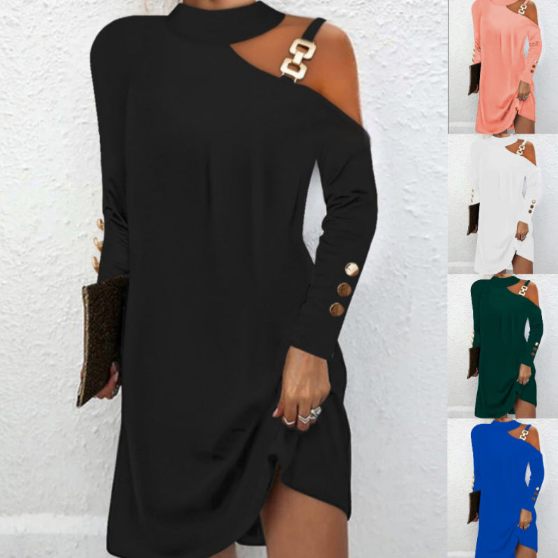 Long Sleeve Metal Buckle Halter Neck Casual Mini Dress