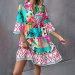 V-Neck Printed Flared Sleeve Pleated Mini Dress