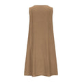 A sleeveless, mid-length A-line tank dress with a round neck.