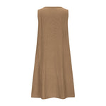 A sleeveless, mid-length A-line tank dress with a round neck.