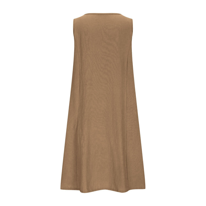 A sleeveless, mid-length A-line tank dress with a round neck.