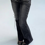 Washed Distressed Side Lace-Up Flare Jeans