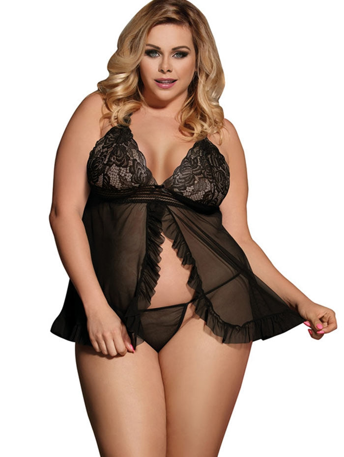 Plus Size Scalloped Trim Lace Panel Babydoll - runwayfashionista.com