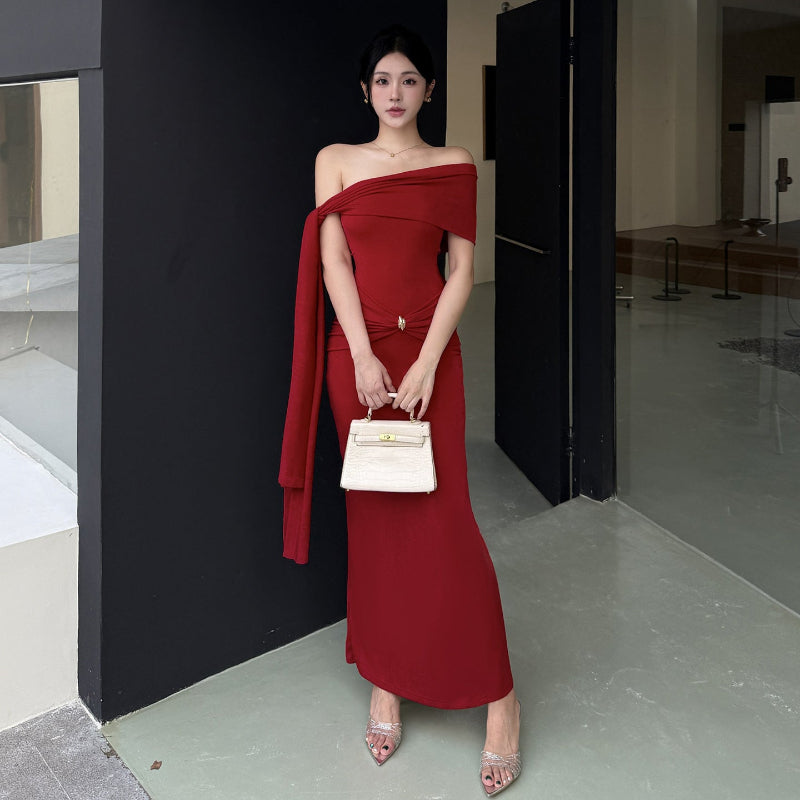 Edgy One-Shoulder Waist Tie Midi Dress