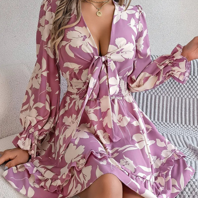 Tied Ruffled Printed Long Sleeve Dress - runwayfashionista.com